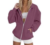 Sudadera de gran tamaño para mujer, de color sólido, con solapa, holgada, casual, con cremallera, hot pink, XXL