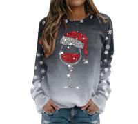 Sudadera de gran tamaño para mujer, diseño de copa de vino tinto, copos de nieve, color degradado, casual, ajuste holgado, manga larga, sin botones, con estampado completo, cuello redondo, para