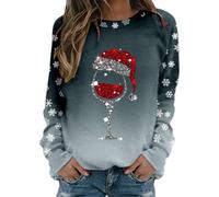 Sudadera de gran tamaño para mujer, diseño de copa de vino tinto, copos de nieve, color degradado, casual, ajuste holgado, manga larga, sin botones, con estampado completo, cuello redondo, para