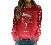 Sudadera de gran tamaño para mujer, diseño de copa de vino tinto, copos de nieve, color degradado, casual, ajuste holgado, manga larga, sin botones, con estampado completo, cuello redondo, para