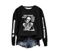 Sudadera de Halloween con texto en inglés «You Know Why You Like Me» para mujer, disfraz de esqueleto aterrador, camisetas de manga larga, camisetas divertidas y modernas para las fiestas, Negro, XXL