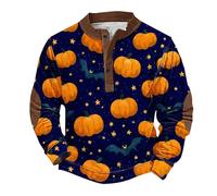 Sudadera de Halloween para hombre, 2025, con cremallera de un cuarto, estampado de calabaza, polo, de manga larga, a la moda, casual, sin botones, disfraces, azul marino, L