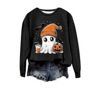 Sudadera de Halloween para mujer, con cara de calabaza, café, fantasma, murciélago, lindo estampado, cuello redondo, sudaderas para adultos 2025, trajes de mujer, Negro, XXL