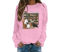 Sudadera de Halloween para mujer, de gran tamaño, ligera, con cuello redondo, de calabaza, moderna, con estampado de fantasmas de otoño, tops para viajes, ropa deportiva femenina, rosa, L