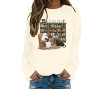 Sudadera de Halloween para mujer, de gran tamaño, ligera, con cuello redondo, de calabaza, moderna, con estampado de fantasmas de otoño, tops para viajes, ropa deportiva femenina, beige, S