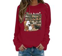 Sudadera de Halloween para mujer, de gran tamaño, ligera, con cuello redondo, de calabaza, moderna, con estampado de fantasmas de otoño, tops para viajes, ropa deportiva femenina, rosso, XL