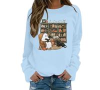 Sudadera de Halloween para mujer, de gran tamaño, ligera, con cuello redondo, de calabaza, moderna, con estampado de fantasmas de otoño, tops para viajes, ropa deportiva femenina, azul claro, L