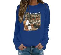Sudadera de Halloween para mujer, de gran tamaño, ligera, con cuello redondo, de calabaza, moderna, con estampado de fantasmas de otoño, tops para viajes, ropa deportiva femenina, azul, M