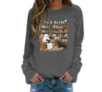 Sudadera de Halloween para mujer, de gran tamaño, ligera, con cuello redondo, de calabaza, moderna, con estampado de fantasmas de otoño, tops para viajes, ropa deportiva femenina, gris, S