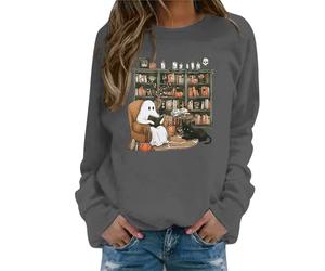 Sudadera de Halloween para mujer, de gran tamaño, ligera, con cuello redondo, de calabaza, moderna, con estampado de fantasmas de otoño, tops para viajes, ropa deportiva femenina, gris, S