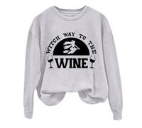 Sudadera de Halloween para mujer, diseño de bruja con texto en inglés "Witch Way To The Wine", sudadera de manga larga, con cuello redondo y manga larga, trajes para adultos, gris, 4XL