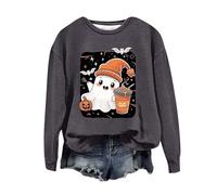 Sudadera de Halloween para mujer, diseño de calabazas fantasma, cara de murciélago de café, estrella, sudadera con cuello redondo para adultos, disfraces de 2025 para mujer, gris oscuro, S