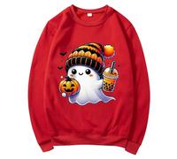 Sudadera de Halloween para mujer, diseño de calabazas fantasma, cara de murciélagos de café, cuello redondo, sudaderas casuales para 2025, disfraces para mujer y adulto, rosso, M