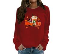 Sudadera de Halloween para mujer, diseño de hojas de arce, calabazas, color café, manga larga, cuello redondo, sudadera sin botones, trajes para mujer y adulto, rosso, XXL