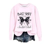 Sudadera de Halloween para mujer, diseño de murciélago de loca social, cuello redondo, sudaderas con cuello redondo, disfraces para adultos, trajes para mujer, rosa, XXL