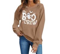 Sudadera de Halloween para mujer, lindo estampado de fantasma, cuello redondo, manga larga, sin botones, camisetas de jersey, disfraces de Halloween, sudaderas para mujer, caqui, S