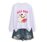 Sudadera de Halloween para mujer, lindo fantasma Hey Boo con estampado de corazón, cuello redondo, manga larga, sudaderas de otoño para mujer, disfraces de 2025, blanco, XL
