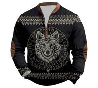 Sudadera de hombre estilo vikingo con cuello en V con media cremallera - Sudadera para hombre sin capucha estilo retro nórdico - Sudaderas con estampado de lobo y tótem - Suéteres Oversize otoño