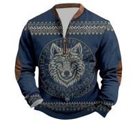 Sudadera de hombre estilo vikingo con cuello en V con media cremallera - Sudadera para hombre sin capucha estilo retro nórdico - Sudaderas con estampado de lobo y tótem - Suéteres Oversize otoño