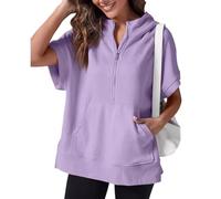 Sudadera de manga corta con media cremallera para mujer, sudadera de verano, ropa de primavera, casual, ligera, con bolsillos, Morado (, XXL