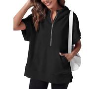 Sudadera de manga corta con media cremallera para mujer, sudadera de verano, ropa de primavera, casual, ligera, con bolsillos, Negro, XXL