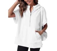 Sudadera de manga corta con media cremallera para mujer, sudadera de verano, ropa de primavera, casual, ligera, con bolsillos, blanco, XL
