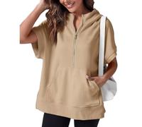 Sudadera de manga corta con media cremallera para mujer, sudadera de verano, ropa de primavera, casual, ligera, con bolsillos, caqui, XXL