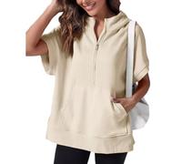 Sudadera de manga corta con media cremallera para mujer, sudadera de verano, ropa de primavera, casual, ligera, con bolsillos, albaricoque, L