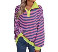 Sudadera de manga larga con bloque de color a rayas para mujer, sudadera de cuello redondo con solapa suelta y cremallera, diseño de contraste de color - parte superior de botón de manga larga, ropa