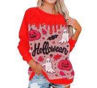 Sudadera De Manga Larga con Calabazas Y Hojas Diseño Temático Halloween para Mujer Casual Cómoda Bermellón XL