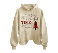 Sudadera de manga larga con capucha y bolsillos para mujer, diseño vintage de Navidad, con texto en inglés "'s most wonderful time of the year", beige, L
