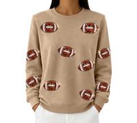 Sudadera de manga larga con estampado de fútbol para mujer | All Over Rugby Football Graphics, efecto de lentejuelas brillantes, suéter clásico acanalado de cuello redondo