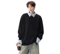Sudadera de manga larga con solapa de estilo coreano para hombre, falsa de dos piezas, para la universidad, casual, para primavera, otoño, ajuste regular, color sólido (XXL negro)