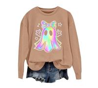 Sudadera de manga larga para Halloween, mezcla de algodón suave con estampado de fantasmas de calabaza, prenda básica de otoño, sudadera con capucha blanca con cremallera para mujer, #1-caqui, S