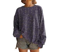 Sudadera de manga larga para mujer, diseño de flores y estampados, informal, para otoño, holgada, con cuello redondo, Morado (, L