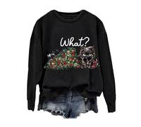 Sudadera de manga larga para mujer, diseño de gato con texto en inglés «Say What Graphic», sudadera con cuello redondo para otoño, Negro, XXL