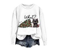 Sudadera de manga larga para mujer, diseño de gato con texto en inglés «Say What Graphic», sudadera con cuello redondo para otoño, blanco, S