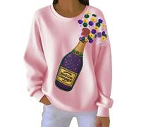 Sudadera de Mardi Gras para mujer con cuello redondo bordado de letras con estampado de champán, rayas verticales, máscara de carnaval, gráfico de martes gordo sin capucha, rosa, 3XL