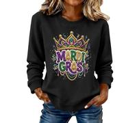 Sudadera de Mardi Gras para mujer con cuello redondo, bordado de letras, corona, impresión, máscara de carnaval, gráfico de martes gordo sin capucha, suéter elegante para el ocio, Negro, XXL