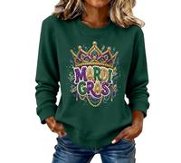 Sudadera de Mardi Gras para mujer con cuello redondo, bordado de letras, corona, impresión, máscara de carnaval, gráfico de martes gordo sin capucha, suéter elegante para el ocio, Verde tirando a