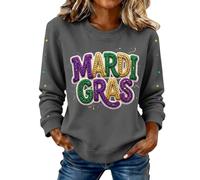 Sudadera de Mardi Gras para mujer con cuello redondo y letras bordadas, camisetas estampadas para carnaval, máscara divertida, gráfico de martes gordo sin capucha, suéter elegante para el ocio, gris