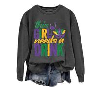 Sudadera de Mardi Gras para mujer, diseño de máscara de carnaval con estampado de máscara de manga larga con texto en inglés "This Girl Needs A Drink", trajes de Mardi Gras, gris, XXL
