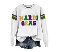 Sudadera de Mardi Gras para mujer, traje de carnaval de Nueva Orleans, parche con estampado de máscara de letras, suéter suelto de cuello redondo, sudadera con cuello redondo, camisa brillante para