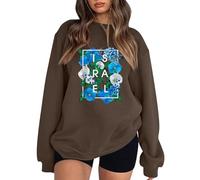 Sudadera de mujer con cuello redondo, arte floral israelí, tipografía, Israel, camisetas de senderismo para mujer, café, S