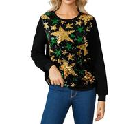 Sudadera de mujer sin capucha con estampado de estrellas verde dorado sobre fondo negro, sudaderas para mujer de manga larga, suéter alto con lentejuelas casuales Festif, Top con lentejuelas para