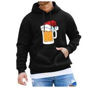 Sudadera de Navidad para Hombre con Estampado Navideño de Vaso de Cerveza, Cuello Redondo, Manga Larga, Casual, Unisex, Sudadera con Capucha Navideña, Jersey para Fiesta de Navidad, Negro , 3XL