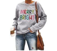 Sudadera de Navidad para mujer, con texto en inglés "Merry and Bright", manga larga, con estampado de letras Believe, con media cremallera, Light Grey-e, XXL