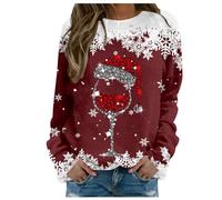 Sudadera de Navidad para mujer sin capucha suéter de Navidad estampado copo de nieve y vidrio de vino de manga larga térmica para mujer, sudaderas Merry Christmas suéter de gran tamaño casual otoño e