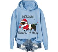 Sudadera de perro salchicha a través de la nieve, camisa de Navidad con diseño de perro salchicha a través de la nieve, camisas de Navidad para mujer y hombre, Azul cielo-1, XXL