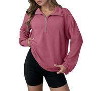 Sudadera de punto de manga larga con solapa y media cremallera para mujer, informal, holgada, hot pink, XXL